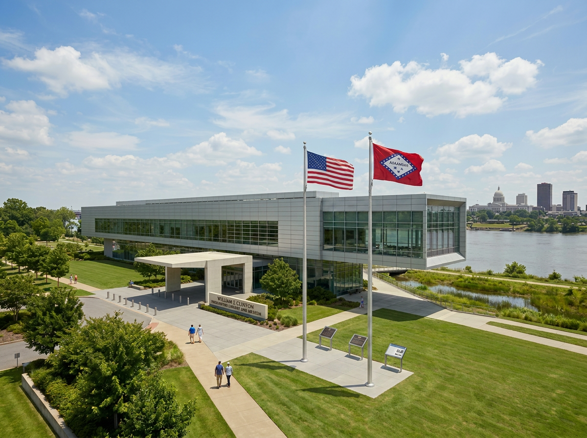 William C. Clifton Prendergast Library and Museum beside river with pedestrians and city skyline