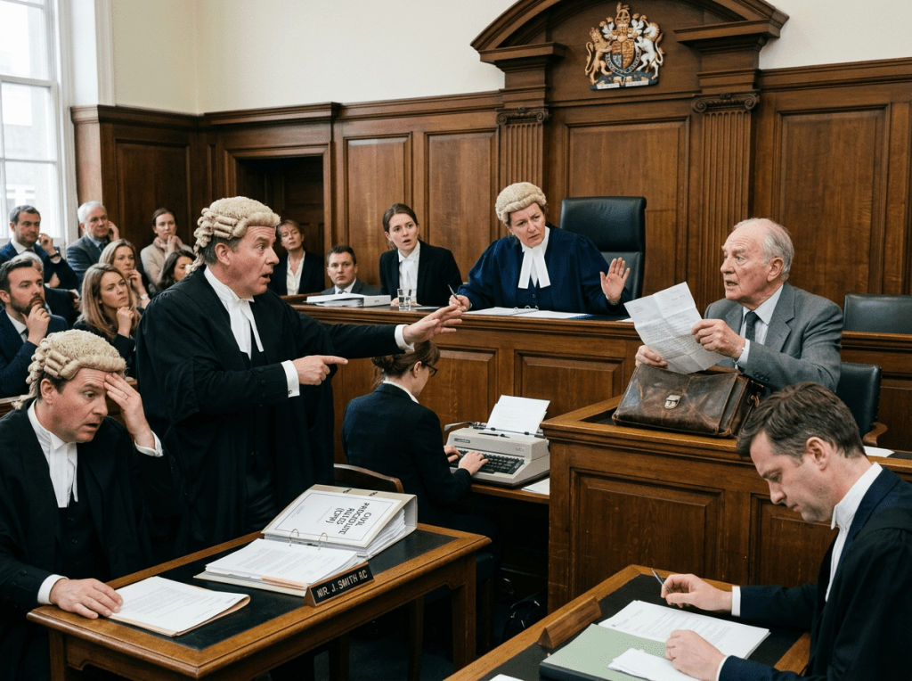 Lawyers and judge engaged in a debate in a courtroom with an audience