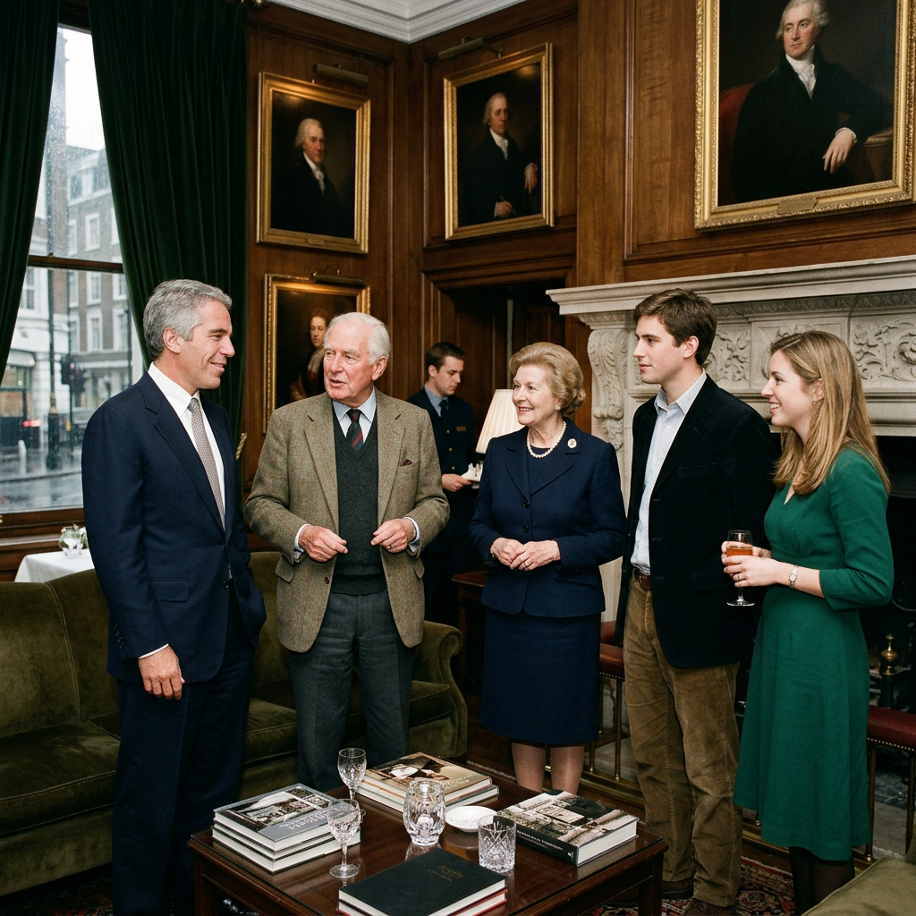 Five adults standing and talking in a wood-paneled room with portraits and a fireplace