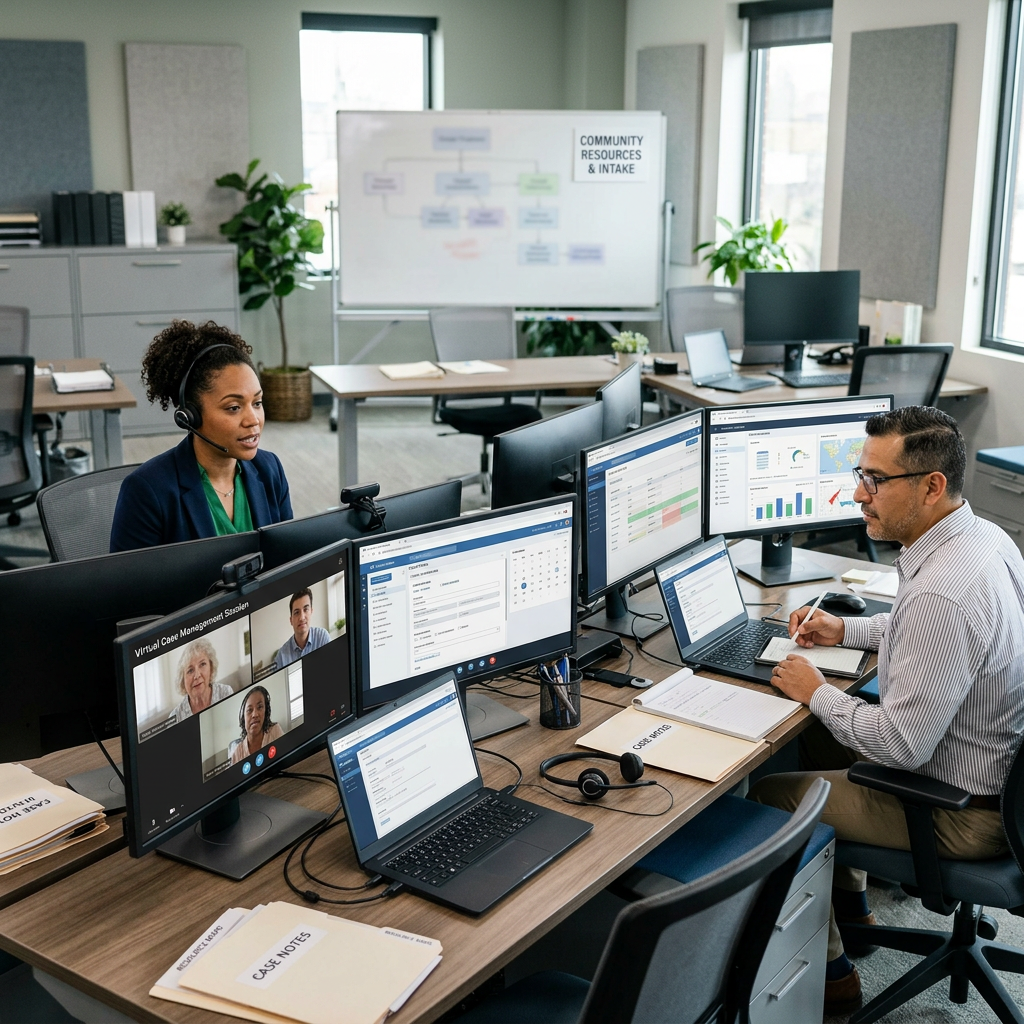 Two professionals working at desks with multiple monitors, one on a video call, managing case files and data.