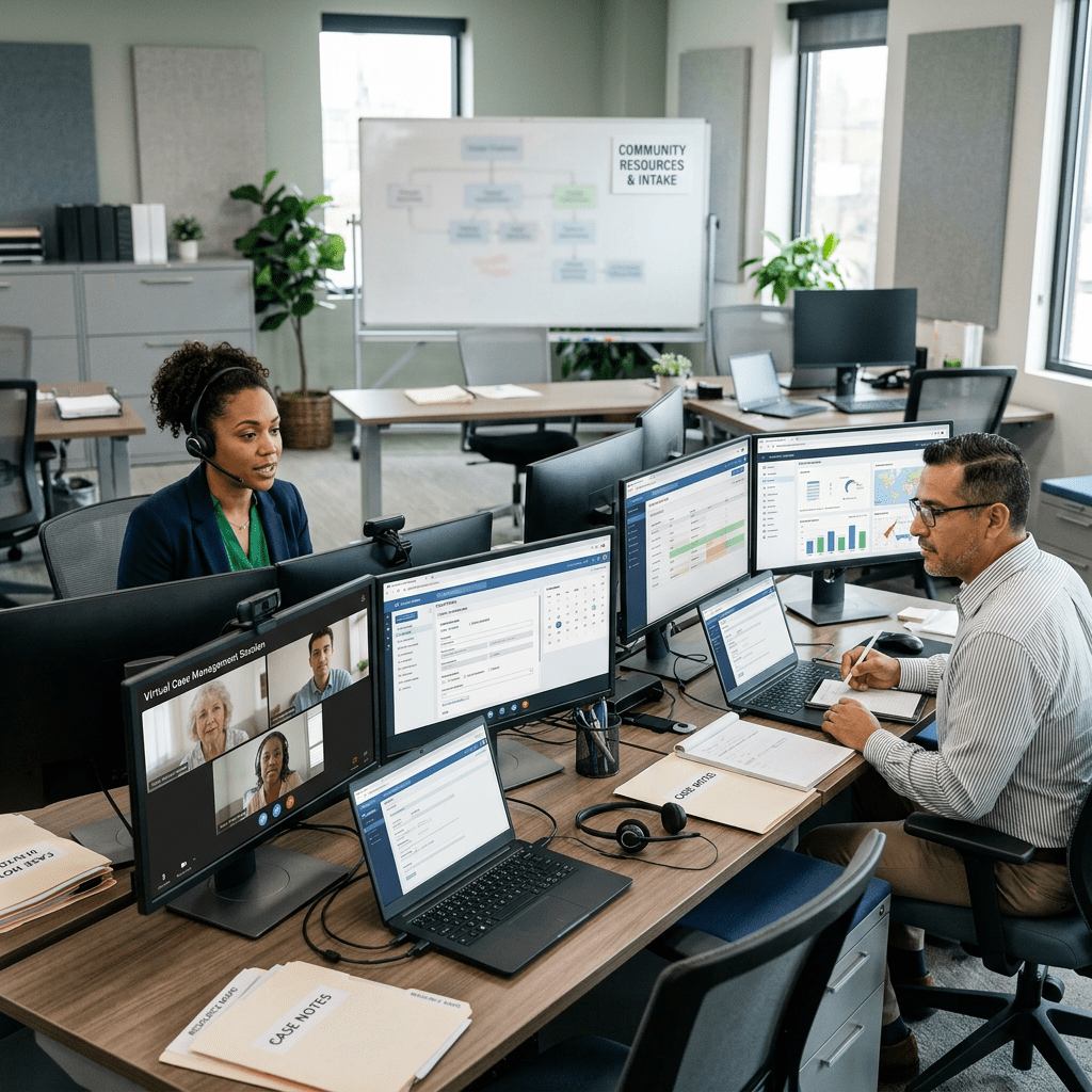 Two professionals working at desks with multiple monitors, one on a video call, managing case files and data.