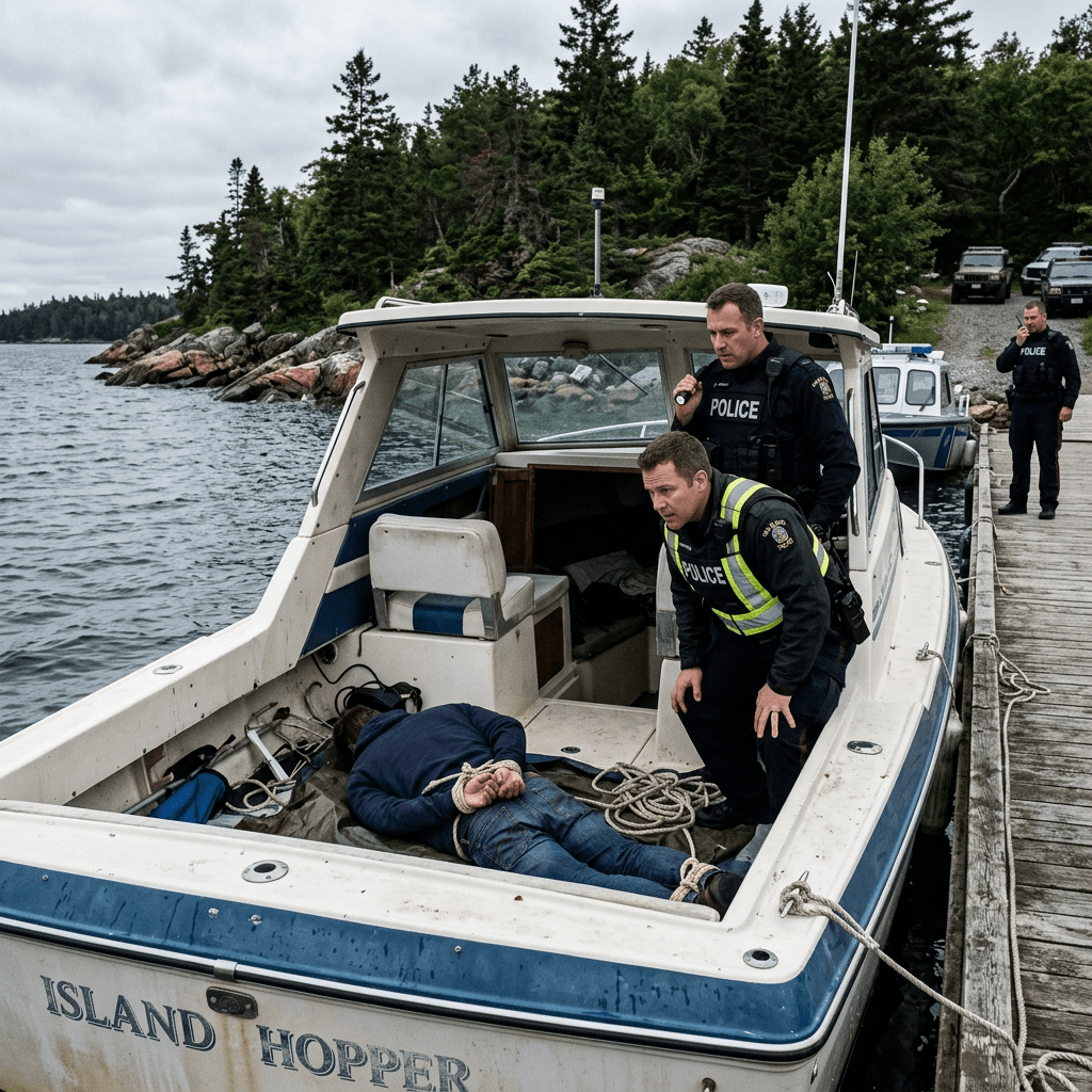Two police officers arrest a man tied up on a boat near a dock with police vehicles nearby