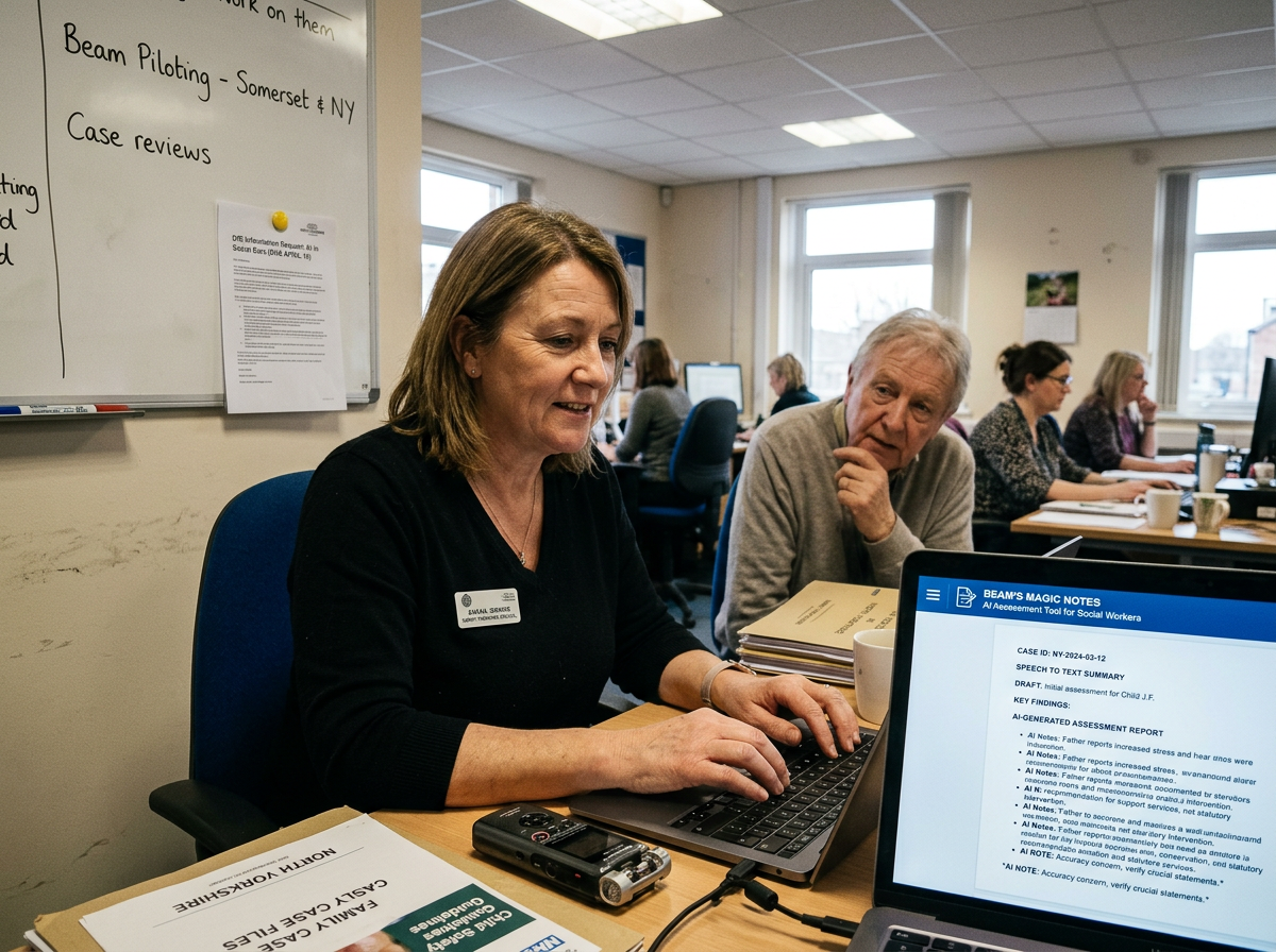 Social care professionals reviewing case notes in an office with laptops