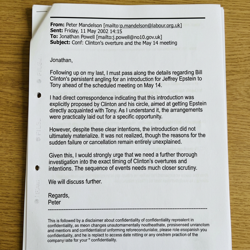 Printed email from Peter Mandelson to Jonathan Powell, dated 11 May 2002, discussing Clinton’s proposed introduction of Jeffrey Epstein to Tony before a May 14 meeting and calling for further investigation.